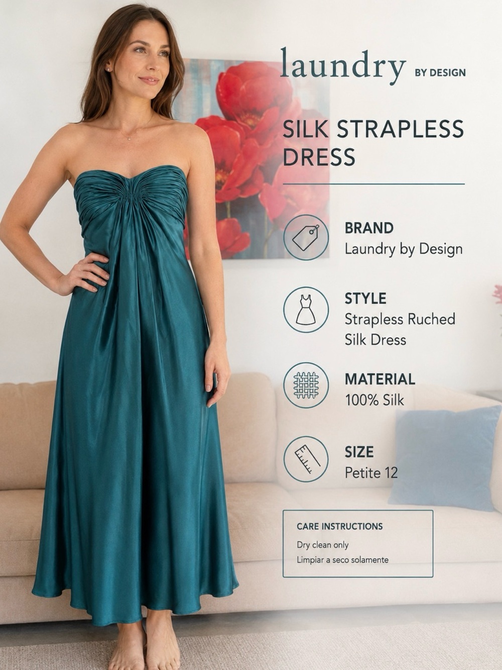 Laundry by Design Green 100% Silk Strapless Draped Maxi Dress Gown Size 12P 12